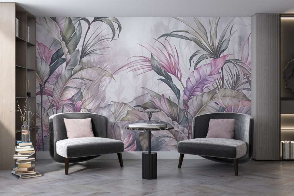 Carta da parati Giungla tropicale con grandi foglie verdi e fiori di protea rosa con sfondo sfocato e strutturato