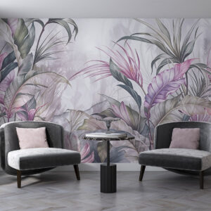 Carta da parati Giungla tropicale con grandi foglie verdi e fiori di protea rosa con sfondo sfocato e strutturato