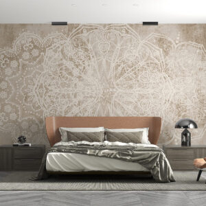 Carta da parati Un dettagliato e intricato motivo mandala in pizzo bianco su uno sfondo murale beige-marrone a effetto loft