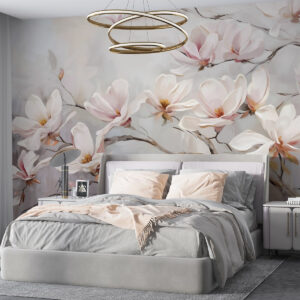 Carta da parati Delicati fiori di magnolia rosa che sbocciano su rami di alberi spogli su uno sfondo morbido e nebuloso