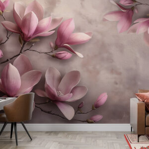Carta da parati Delicate magnolie rosa su un muro di cemento