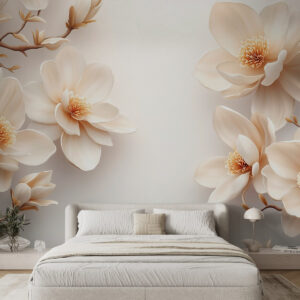 Carta da parati Bella fioritura di fiori di magnolia color crema su sfondo bianco