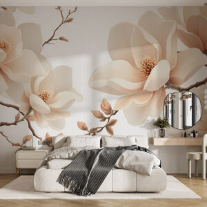 Carta da parati Rami di magnolia color crema su sfondo bianco