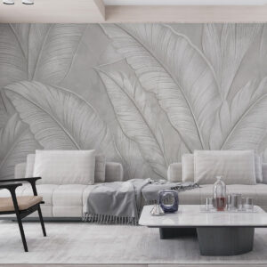 Carta da parati Foglie tropicali di grandi dimensioni, altamente strutturate e dettagliate, in un colore monocromatico grigio chiaro in stile loft
