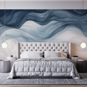 Carta da parati Onde fluide di texture traslucide nei toni del blu scuro, dell'azzurro e del bianco su uno sfondo chiaro