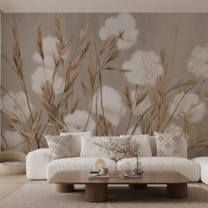 Carta da parati Morbidi fiori bianchi in cotone e alte spighe arancioni su uno sfondo beige dalla texture tenue