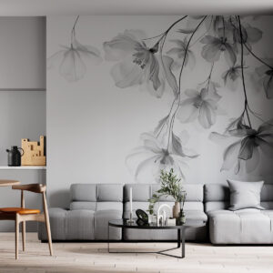 Carta da parati Fiori neri con petali traslucidi appesi a un ramo, bianco e nero, composizione d'arte moderna minimalista