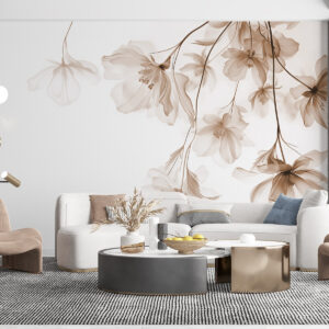 Carta da parati Fiori beige con petali traslucidi appesi a un ramo, beige e bianco, composizione d'arte moderna minimalista