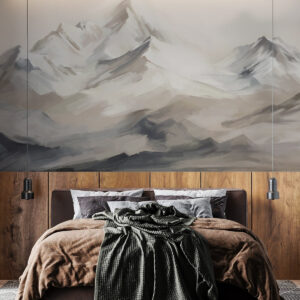 Carta da parati Paesaggio montano con cielo chiaro, pennellate, colori neutri beige e grigio, catena montuosa
