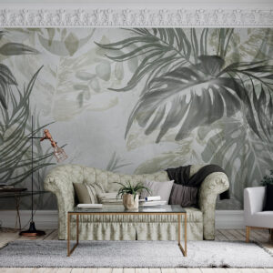 Carta da parati Monstera e foglie di palma nei toni del verde e del grigio, botanica, fogliame tropicale, piante della giungla, sfondo strutturato