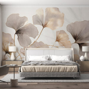 Carta da parati Foglie di Ginkgo biloba nei toni del beige, del giallo e del marrone, delicato effetto acquerello, sfondo chiaro