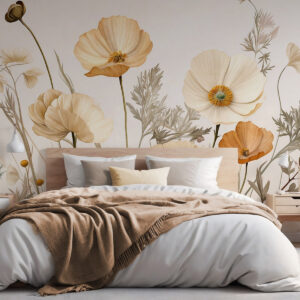 Carta da parati Papaveri arancioni e bianchi dalla texture vintage con steli e foglie sottili, sfondo beige chiaro, stile acquerello