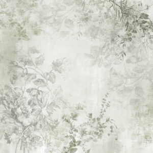Carta da parati Arte floreale vintage con illustrazioni di fiori e foglie delicati in stile disegno, dai toni verde tenue