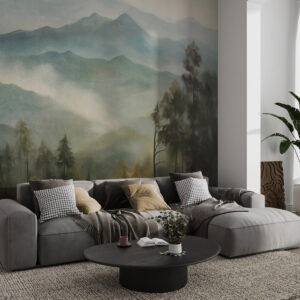 Carta da parati Catena montuosa nebbiosa con alberi, nebbia, cielo nuvoloso, colori tenui, stile pittorico paesaggistico