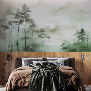 Carta da parati Paesaggio nebbioso con alberi ad alto fusto e montagne dai toni tenui di verde e grigio, stile minimalista, texture