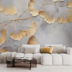 Carta da parati Foglie di ginkgo biloba con bordi gialli su un ramo, sfondo grigio testurizzato, design elegante e minimalista