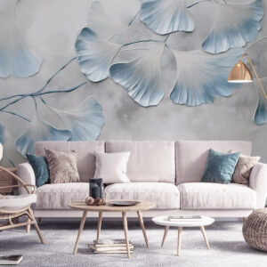 Carta da parati Foglie di ginkgo biloba con bordi blu su un ramo, sfondo grigio testurizzato, design elegante e minimalista