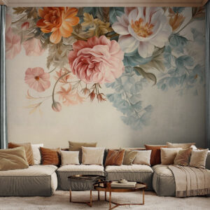 Carta da parati Composizione floreale vintage con rose, peonie e altri fiori dalla texture particolare con fogliame, su sfondo chiaro