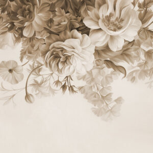 Carta da parati Composizione floreale vintage con rose, peonie e altri fiori dalla texture particolare con fogliame, su sfondo chiaro