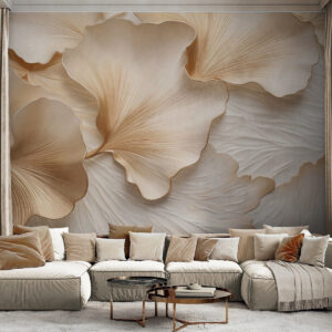 Carta da parati Petali di foglie di ginkgo beige e bianchi con texture e delicata stampa organica