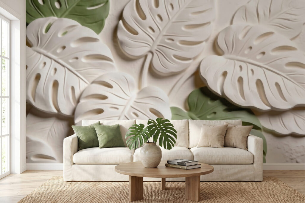 Carta da parati Foglie di monstera in rilievo, con motivi botanici, nei toni del crema e del verde