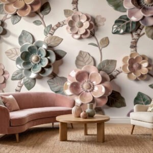 Carta da parati Fiori tridimensionali in ceramica in una delicata gamma di colori pastello