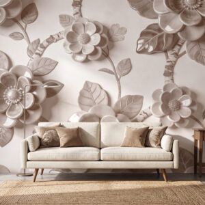 Carta da parati Elegante composizione beige composta da fiori tridimensionali scolpiti