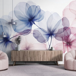 Carta da parati Fiori blu e rosa traslucidi e con texture su uno sfondo chiaro, dai petali delicati che si sovrappongono