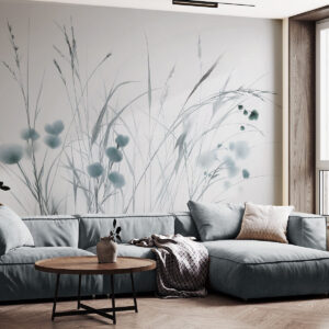 Carta da parati Erbe alte e piccoli fiori selvatici blu su uno sfondo chiaro, in stile boho con texture