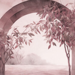 Carta da parati Un arco con un paesaggio, alberi e fogliame nei toni tenui del rosa e del grigio, opera d'arte con texture