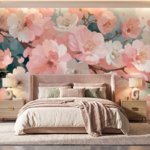 Carta da parati Fiori di ciliegio in fiore, con fiori rosa e bianchi, in stile pittura a olio