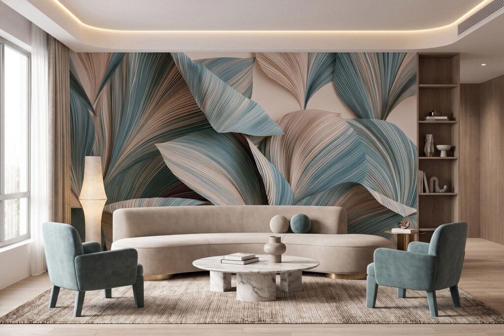 Carta da parati Foglie tropicali voluminose in tenui tonalità di beige e blu