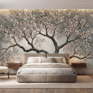 Carta da parati Albero in stile pittura a olio, dai tranquilli toni naturali del grigio-beige