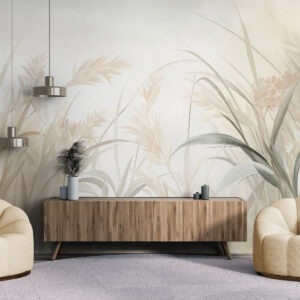 Carta da parati Erba alta e sottile e canne dai toni tenui e smorzati di beige, crema e verde, con una texture particolare