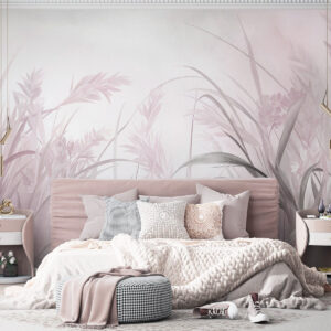 Carta da parati Erba alta e sottile e canne dai toni tenui e smorzati di rosa e grigio, con una texture particolare