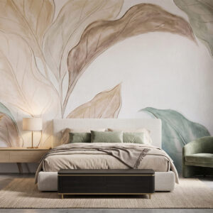 Carta da parati Imitazione di delicate foglie di colore beige-verde, modellate a rilievo
