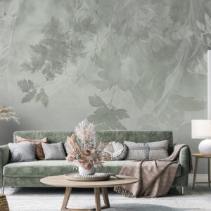 Carta da parati Foglie e rami dalla trama marcata su uno sfondo verde tenue e smorzato